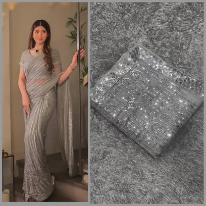 Grey Color Beautiful Partywear Georgette Saree