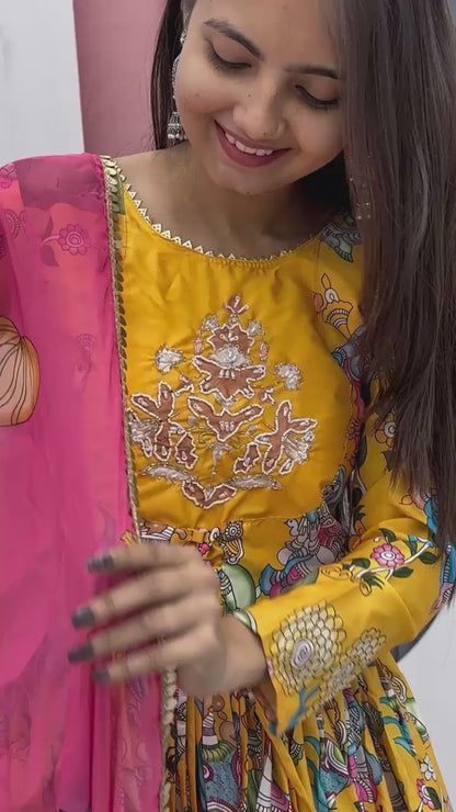 Beautiful Kalamkari Print Gown In Yellow Color