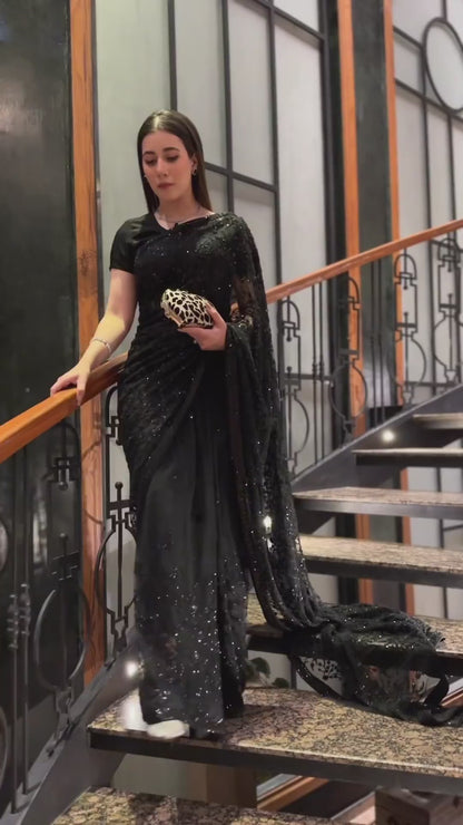 Eye Catching Black Color Beautiful Partywear Saree in Georgette Fabric