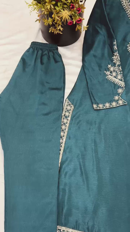 Festival Collection In Chinnon And Heavy Embroidery Sequence Work Top-Bottom And Dupatta Set