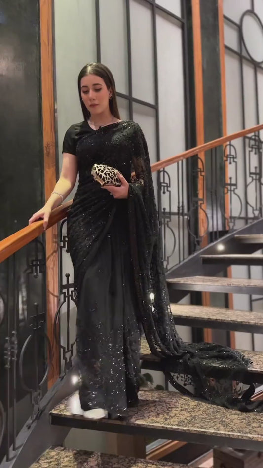 Black Color Beautiful Partywear Saree in Georgette Fabric