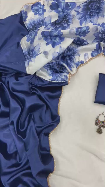 Half Half Satin Saree Collection With Beautiful Flower Print in blue color