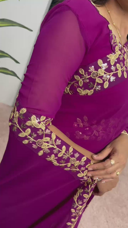 Trending Georgette Fabric With Embroidery Work Border Full Flair Stitched Saree-Gown in purple  color