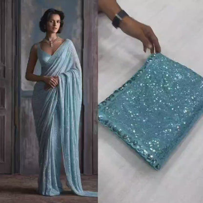 Sky BLue Color Beautiful Bollywood Blockbuster Sequins Saree