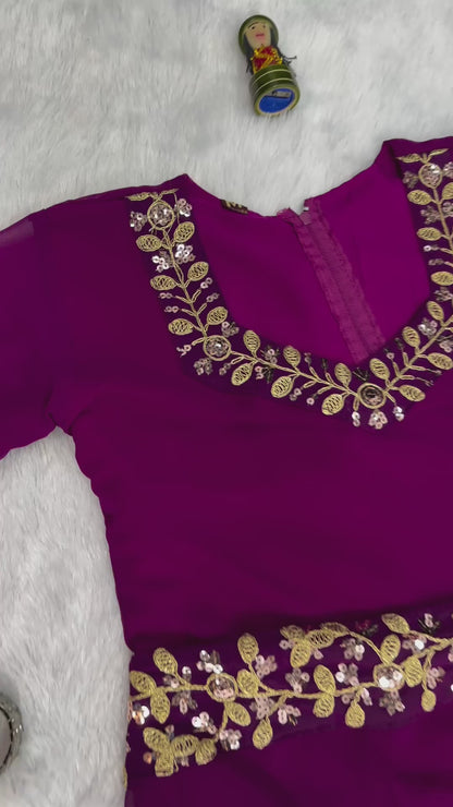 Trending Georgette Fabric With Embroidery Work Border Full Flair Stitched Saree-Gown in purple  color