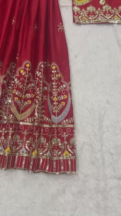 Red Color Beautiful Plazo Dress in Chinon Fabric
