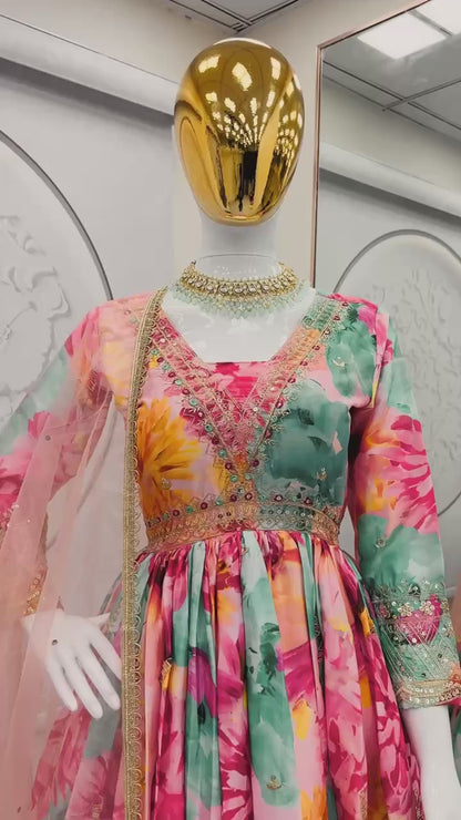 Floral Print Designer Gown in Chinon Silk Fabric