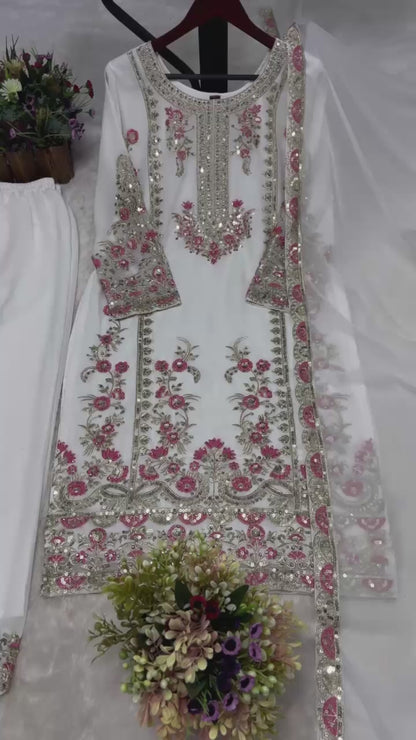White color 3 Piece Stylish Kurti Dupatta With Beautiful Plazzo