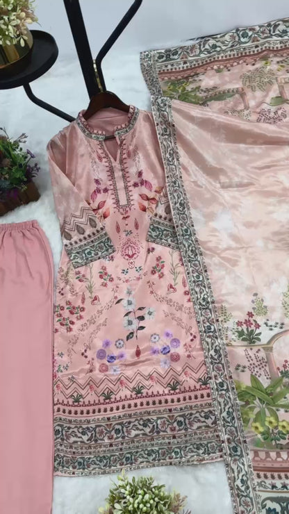 3 Piece Fancy Printed Kurti With Beautiful Bottom And Attractive Dupatta