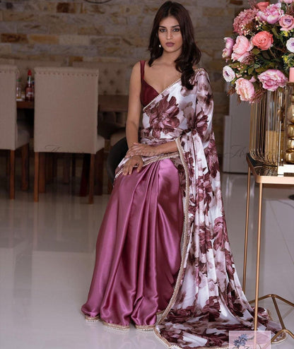 Half Half Satin Saree Collection With Beautiful Flower Print