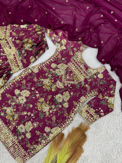 3 piece fancy printed kurti with beautiful sharara and lovely dupatta