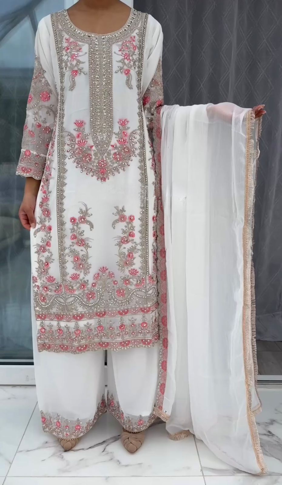 White color 3 Piece Stylish Kurti Dupatta With Beautiful Plazzo