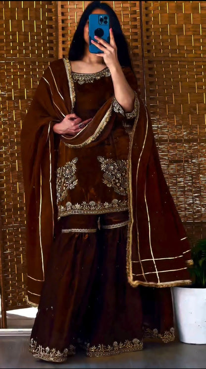 designer party wear look top sharara plazzo and dupatta