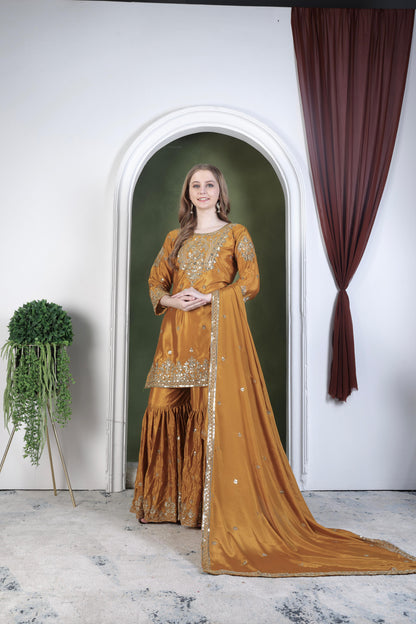 Embroidery And Sequence Worked Top-Sharara And Dupatta Set Fully Stitched Ready To Wear