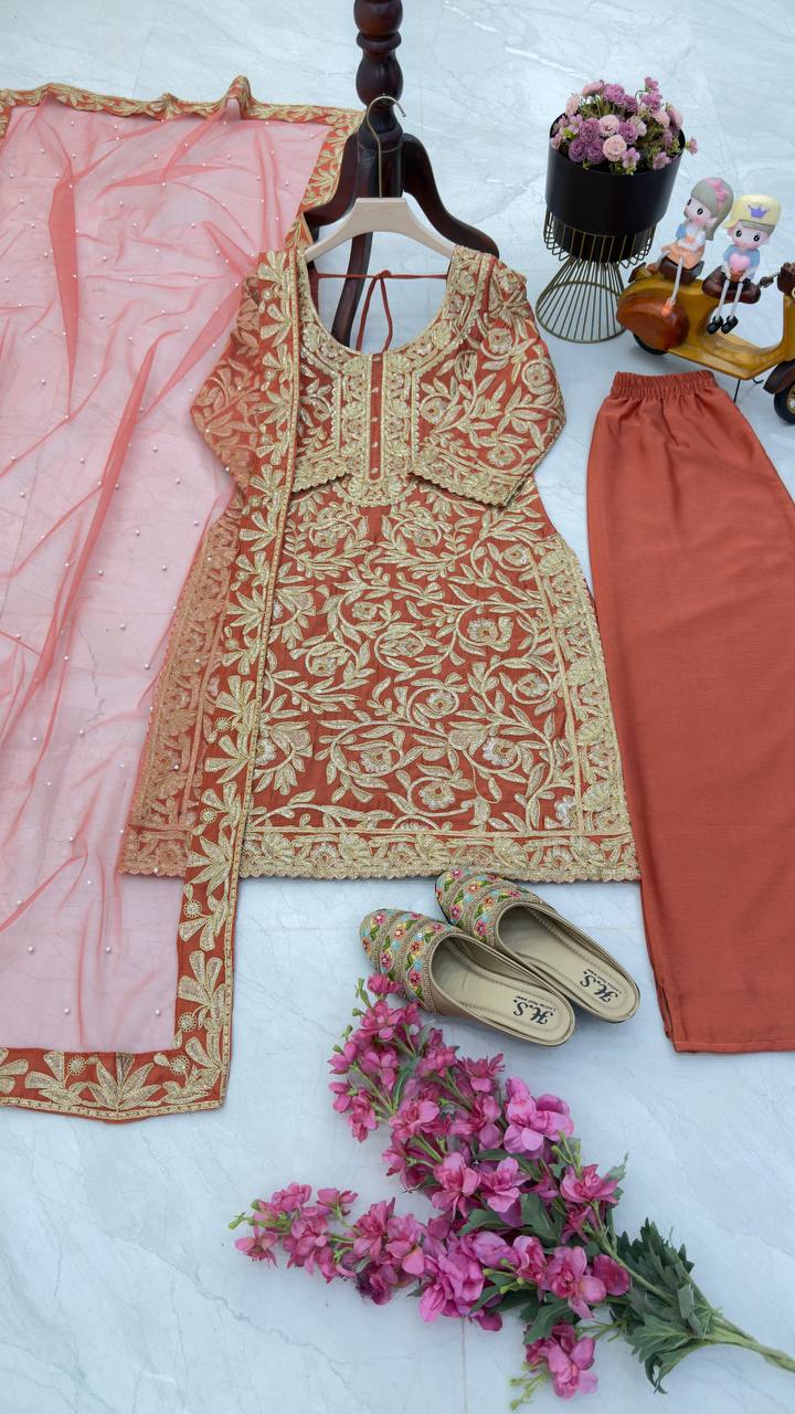 Red Color PArtywear Dress in Chinon Fabric
