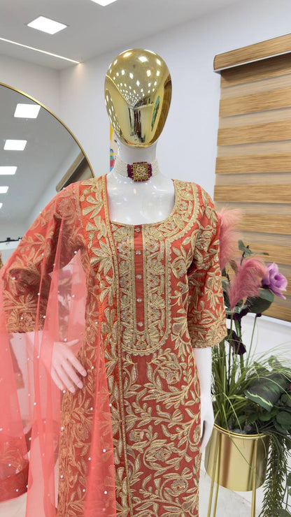 Red Color PArtywear Dress in Chinon Fabric