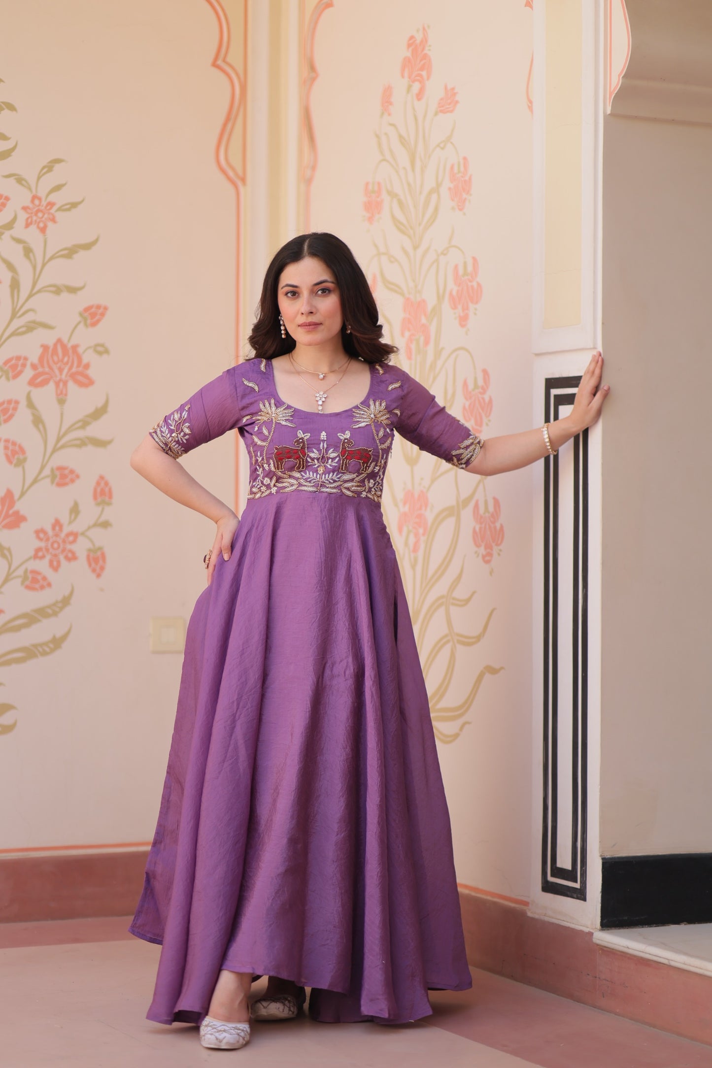 Purple Color Beautiful Partywear Gown in silk fabric