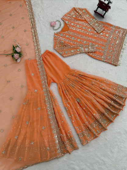 Orange Color Beautiful Sharara Dress in Georgette Fabric