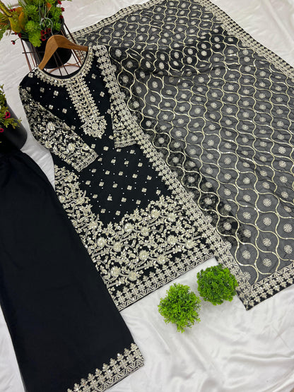 Black Color party wear look top-plazzo and dupatta with heavy embroidery work