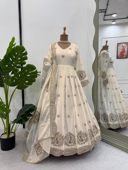 Beautiful Designer Gown On Chinon Silk Febric With Inner And Coding With Sequnce Work And Dupatta