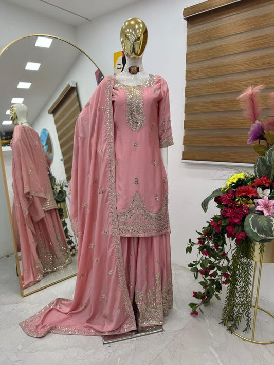 Designer Party Top Pallazo & Dupatta Set in pink color