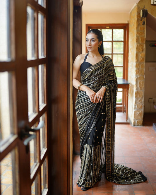 Black Color Beautiful Partywear Georgette Fabric Saree