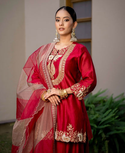 Red Color Partywear Sharara Suit in chinon silk fabric