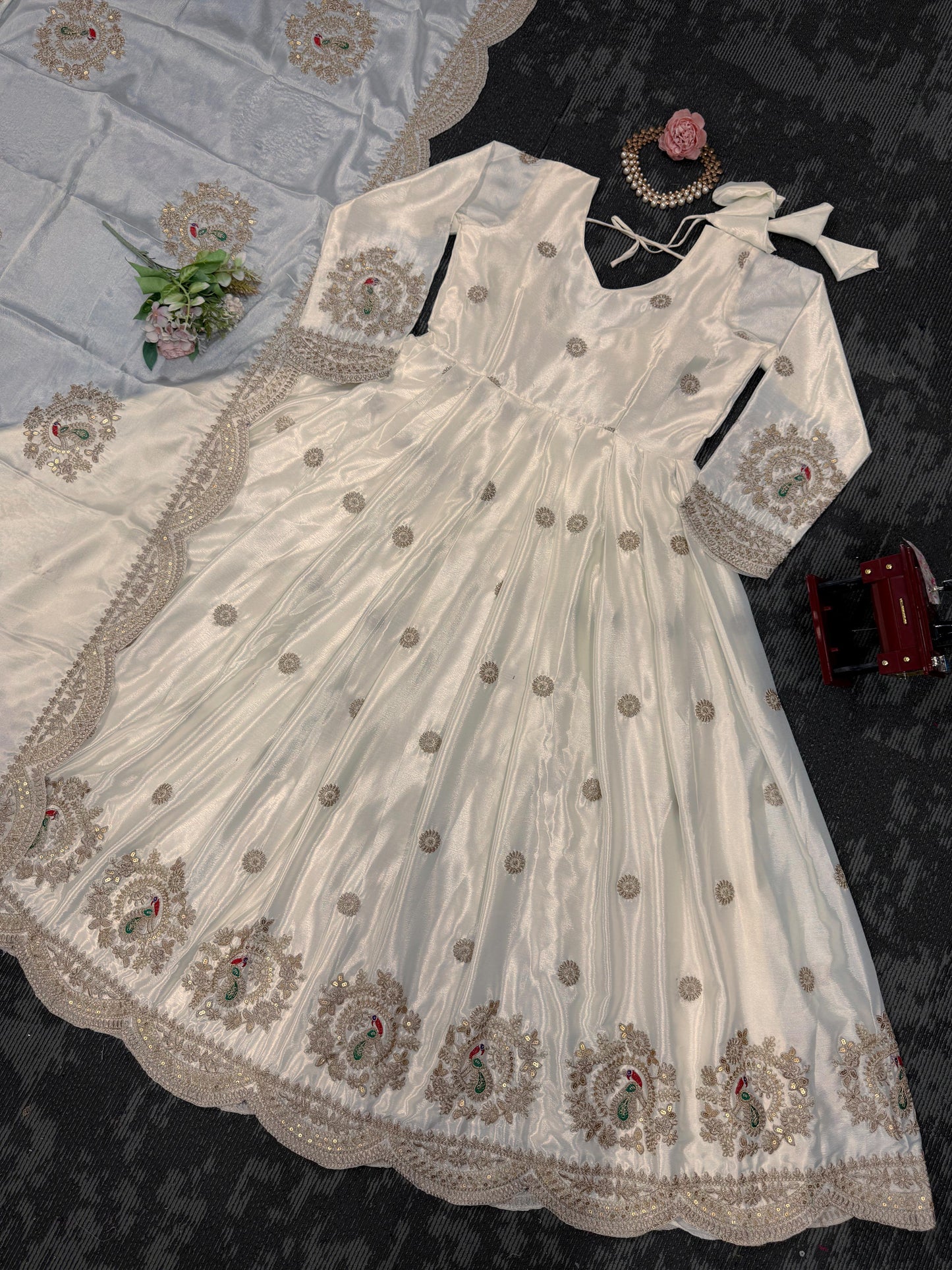 Beautiful Designer Gown On Chinon Silk Febric With Inner And Coding With Sequnce Work And Dupatta