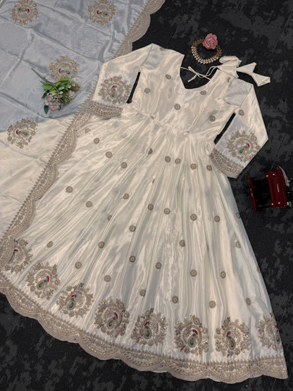 Beautiful Designer Gown On Chinon Silk Febric With Inner And Coding With Sequnce Work And Dupatta