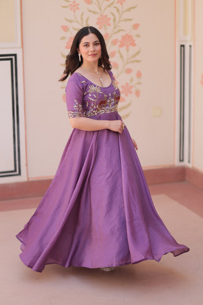 Purple Color Beautiful Partywear Gown in silk fabric