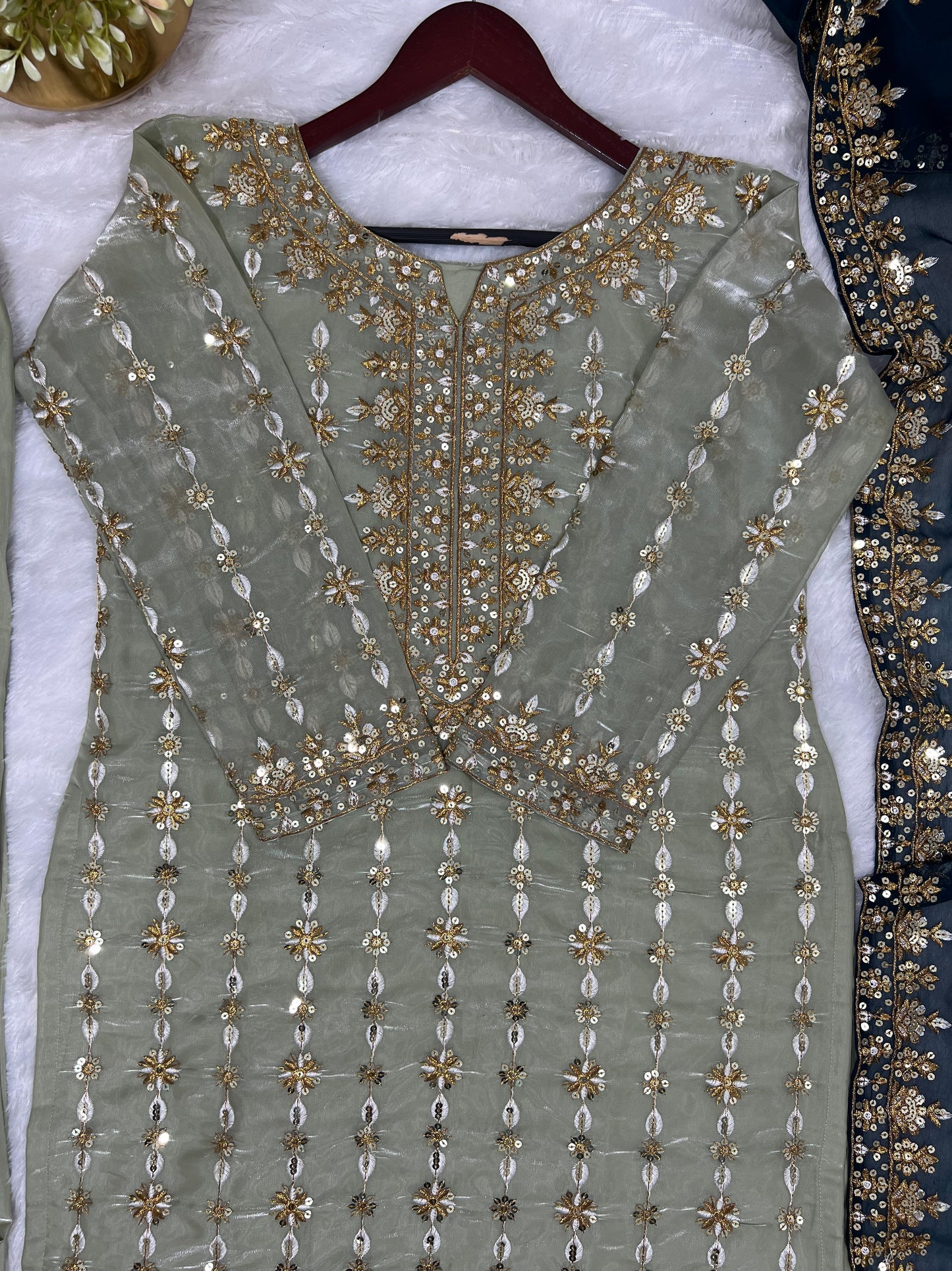 3 Piece Stylish Kurti, Bottom And Dupatta With Beautiful Embroidery Sequence Work