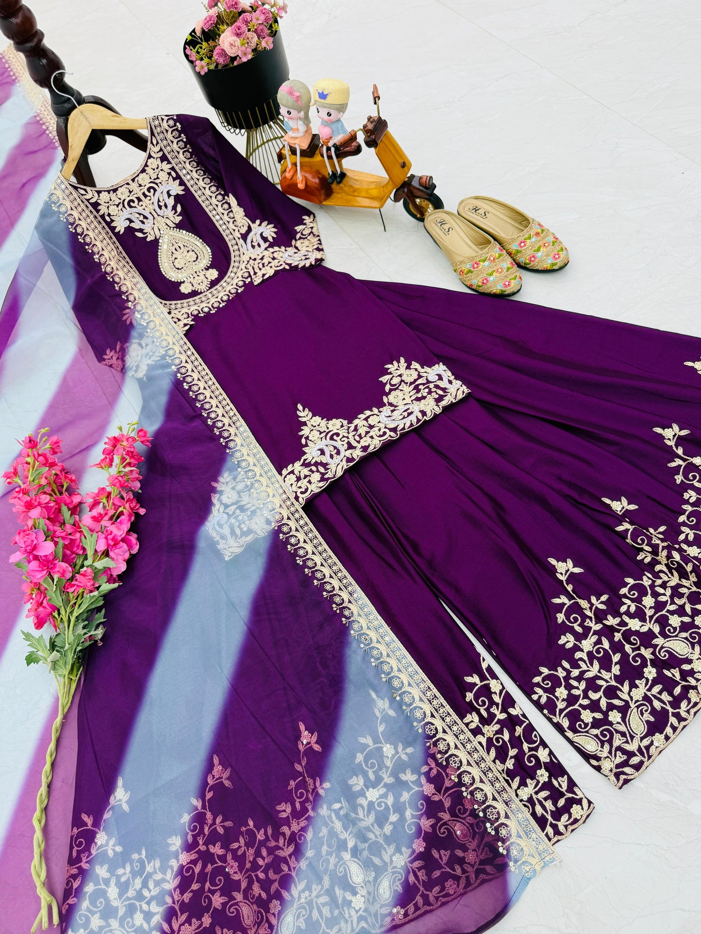 Purple Color Partywear Sharara Suit in chinon silk fabric