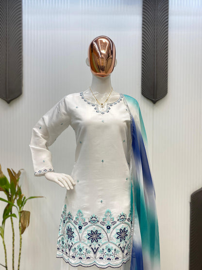 Roman Silk Fabric Salwar Kameez in Off white color