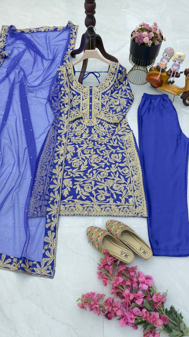 BLue Color PArtywear Dress in Chinon Fabric