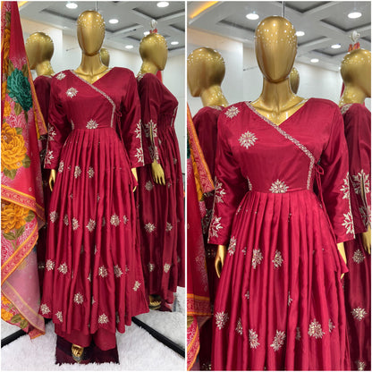 Purple Colour Beautiful Chinnon fabric With Embroidery Sequence Work Gown And Dupatta Set