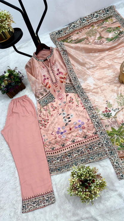 3 Piece Fancy Printed Kurti With Beautiful Bottom And Attractive Dupatta