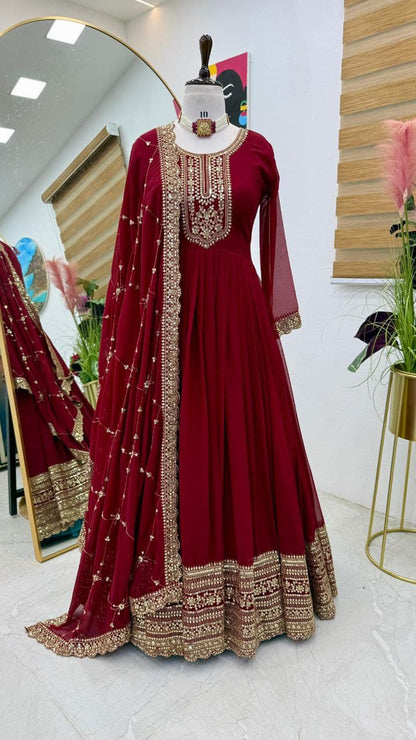 Designer Party Gown & Dupatta Set in red color