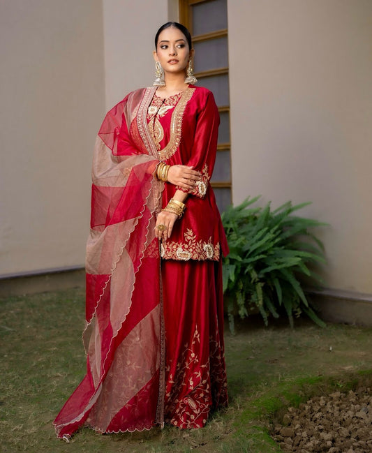 Red Color Partywear Sharara Suit in chinon silk fabric