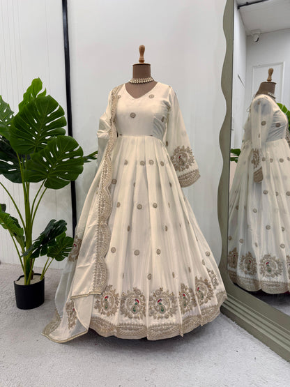 Beautiful Designer Gown On Chinon Silk Febric With Inner And Coding With Sequnce Work And Dupatta