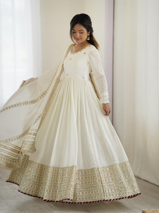 White Color Beautiful Gown in Chinon Silk Fabric