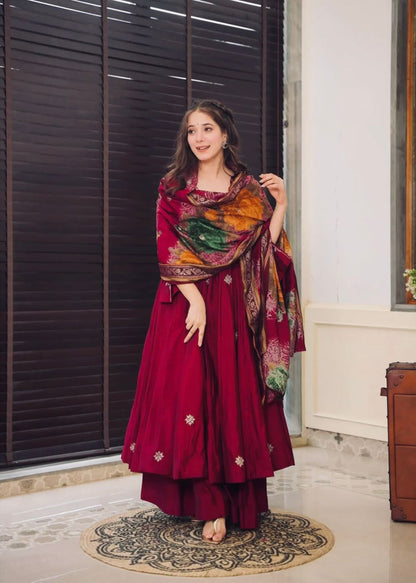 Purple Colour Beautiful Chinnon fabric With Embroidery Sequence Work Gown And Dupatta Set