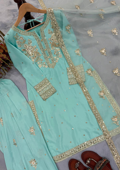 Designer Party Wear Look Pur Natural Crepe Top & Farshi Palazzo With Dupatta Set