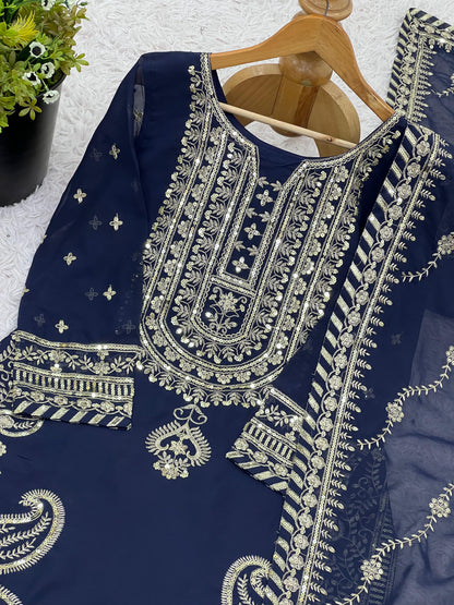 Navy BLue Color Embroidery Sequence Work Top-Sharara And Dupatta Set Fully Stitched