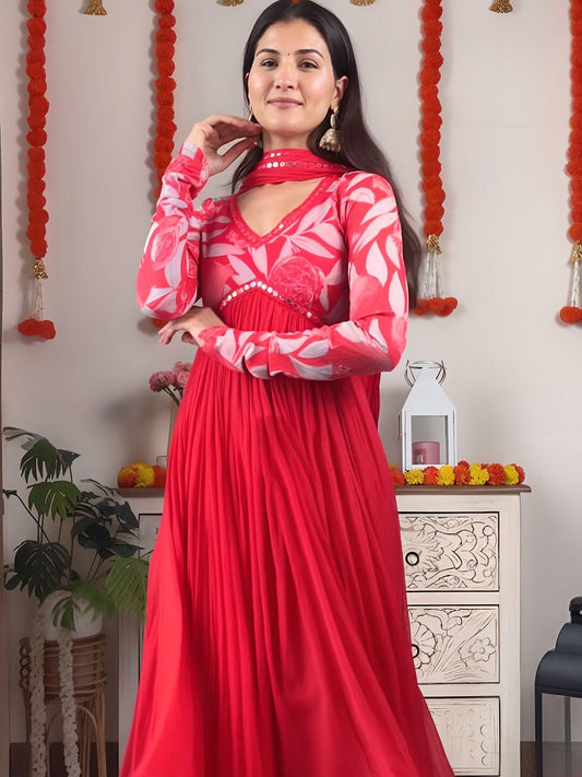 Red Color Beautiful Partywear ANarkali Dress with dupatta