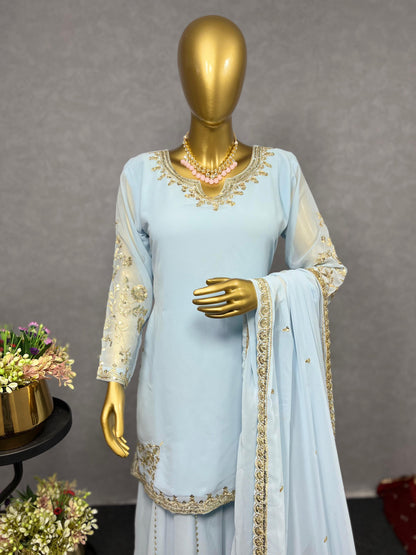 Sky BLue Color Beautiful 3 Piece Kurti With Sharara And Dupatta