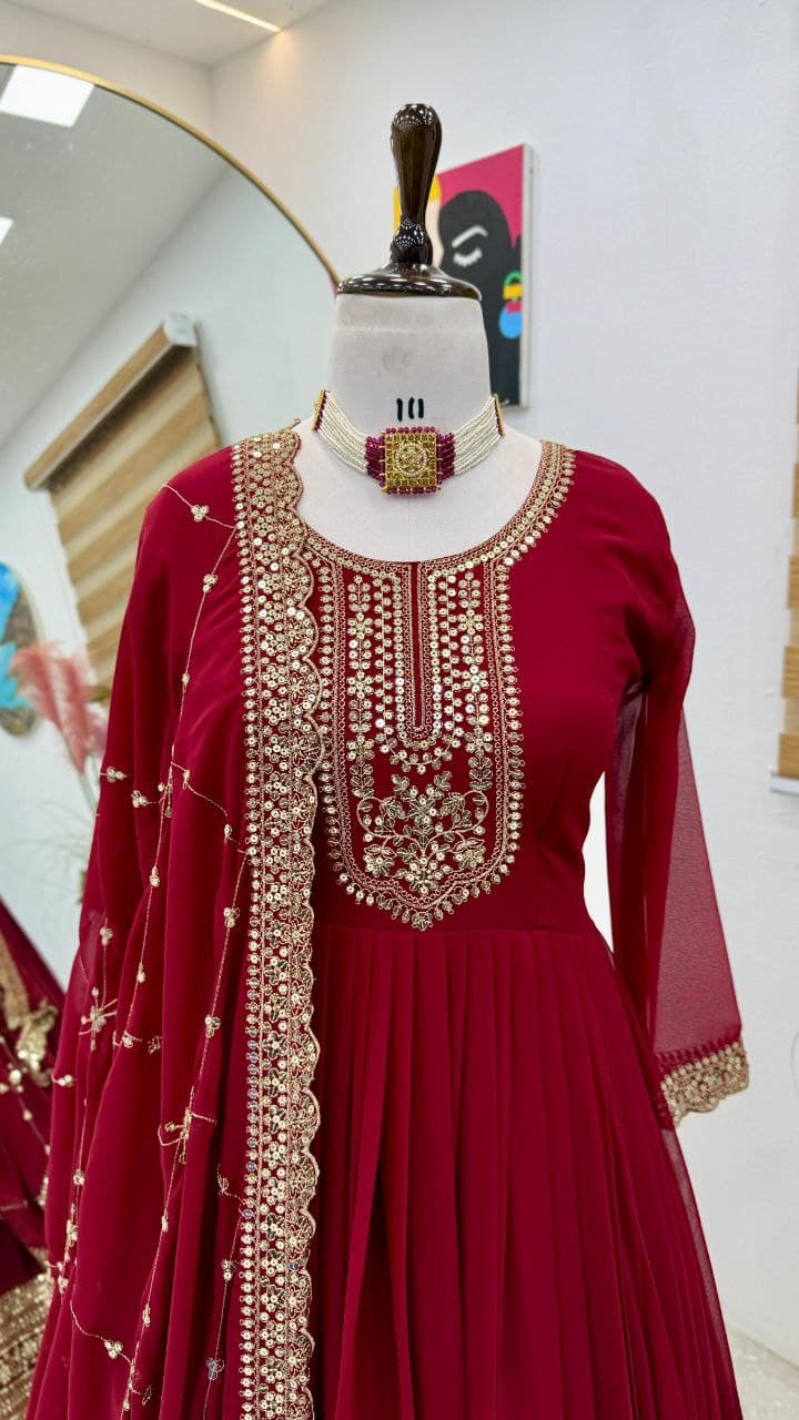 Designer Party Gown & Dupatta Set in red color