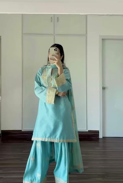 Designer Party Wear Look Pur Natural Crepe Top & Farshi Palazzo With Dupatta Set
