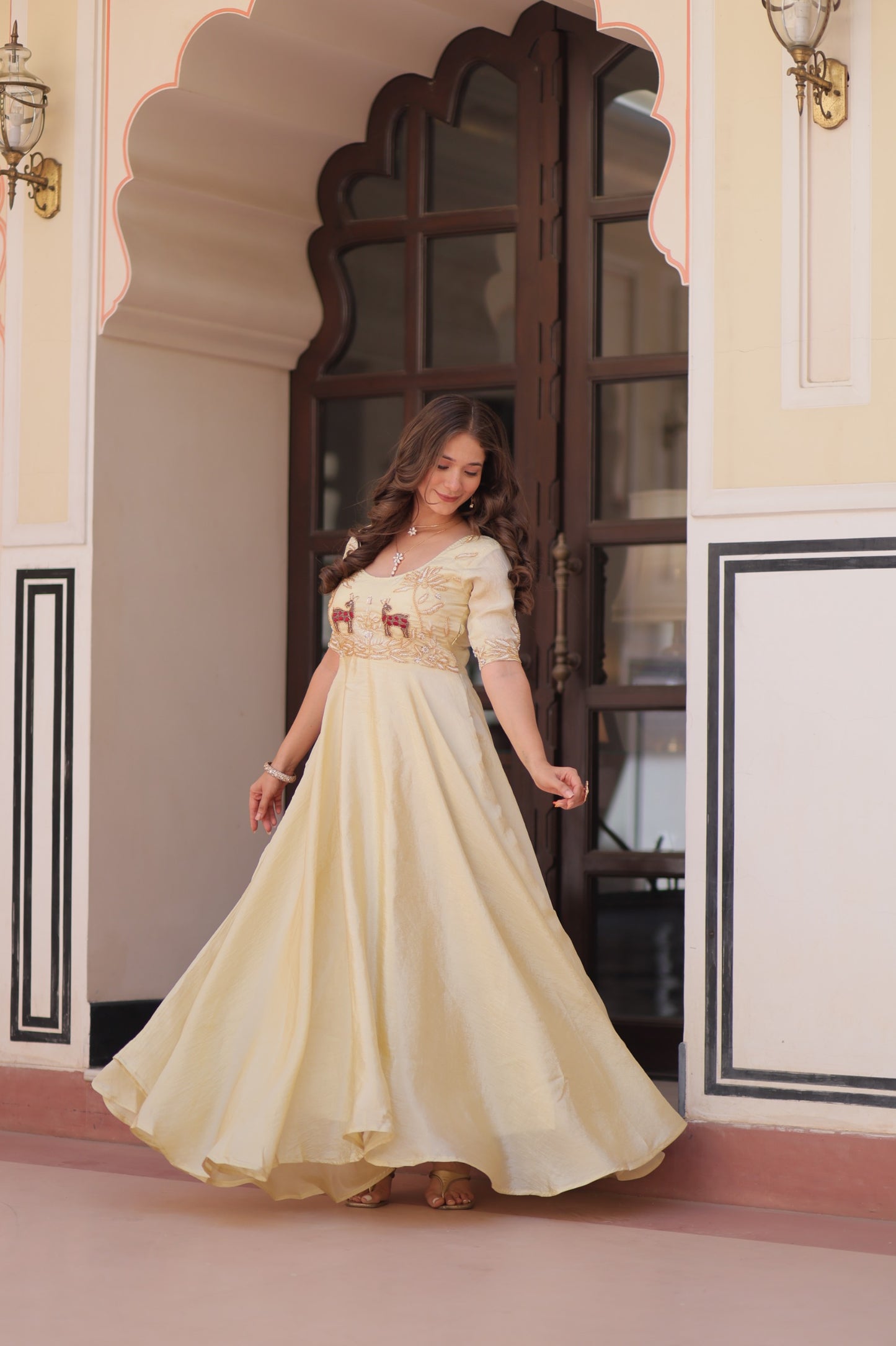 cream Color Beautiful Partywear Gown in silk fabric