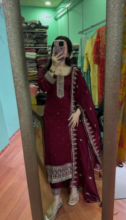 Chinnon And Heavy Embroidery Sequence Work Top-Bottom And Dupatta Set