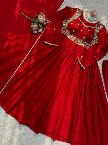 red colour beautiful partywear dress in chinon silk fabic